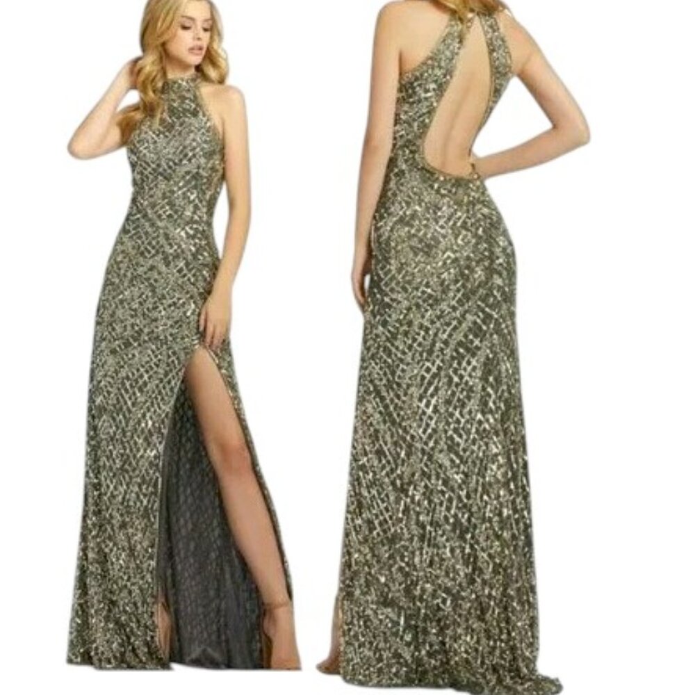 Mac Duggal High Neck Platinum Gold Sequin Gown Size 14